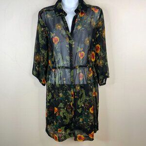 Kensie Sheer Fairy Earthy Nature Button Dress Womens Sz S Black Floral Layering